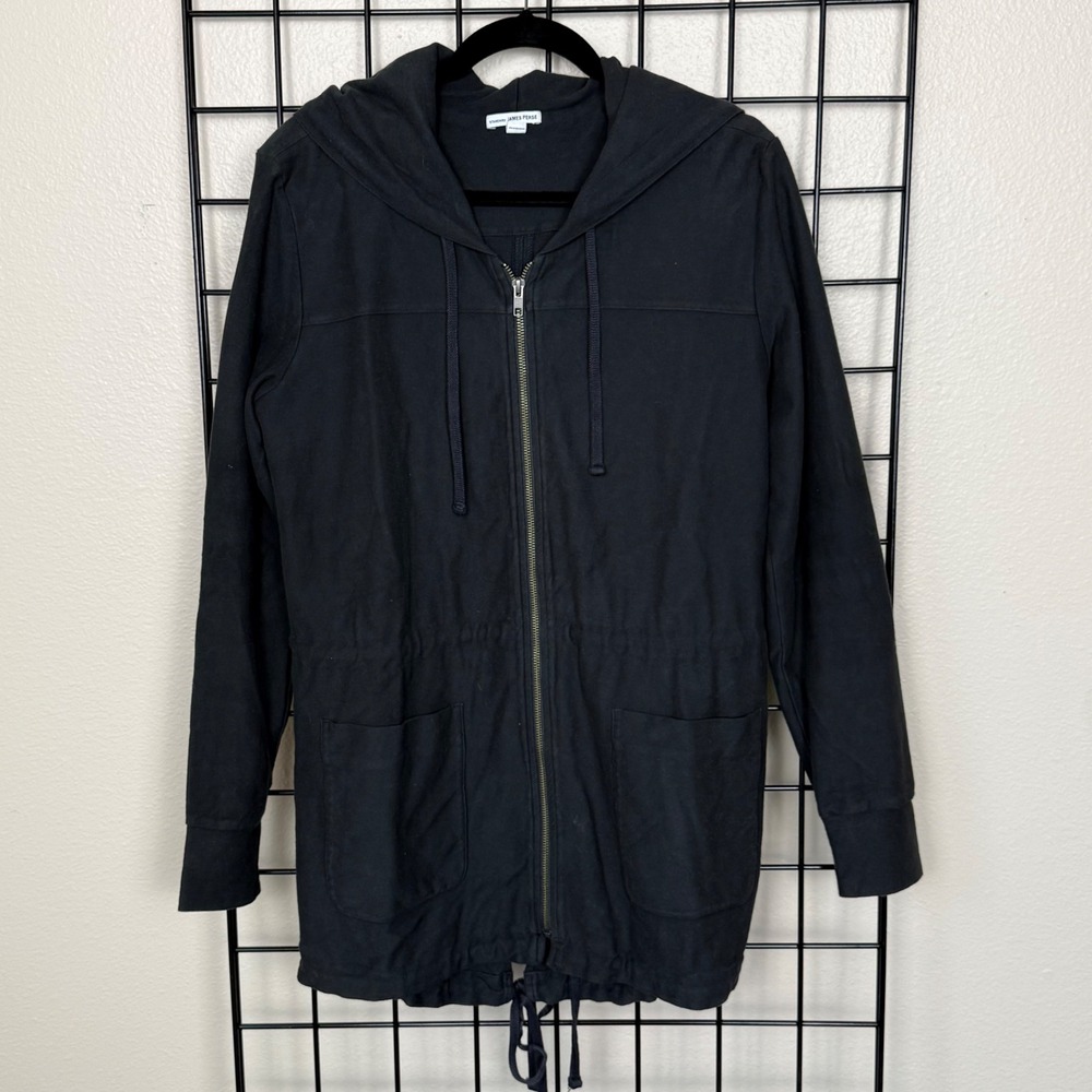 James Perse Standard Field Jacket Womens 3 Large Black Washed Zip Hood Fishtail